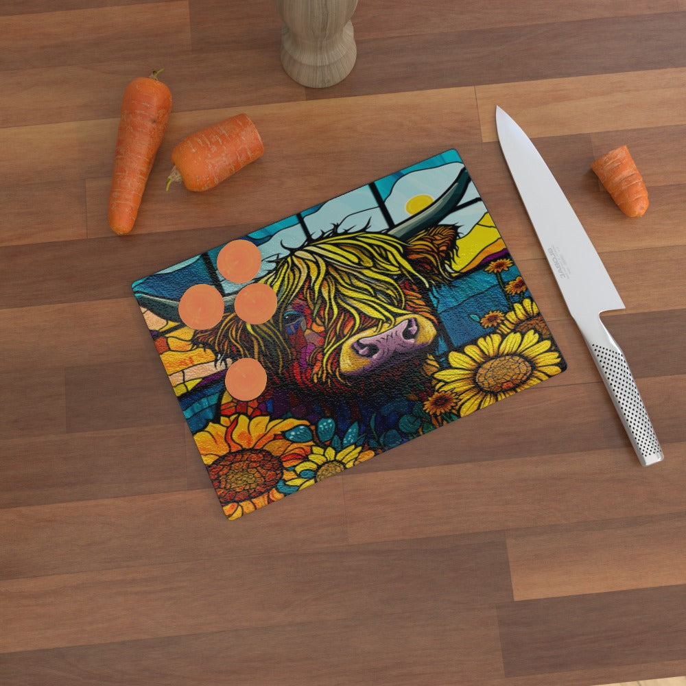 Highland Cow With Sunflowers (Stained Window Effect) - Glass Chopping Board