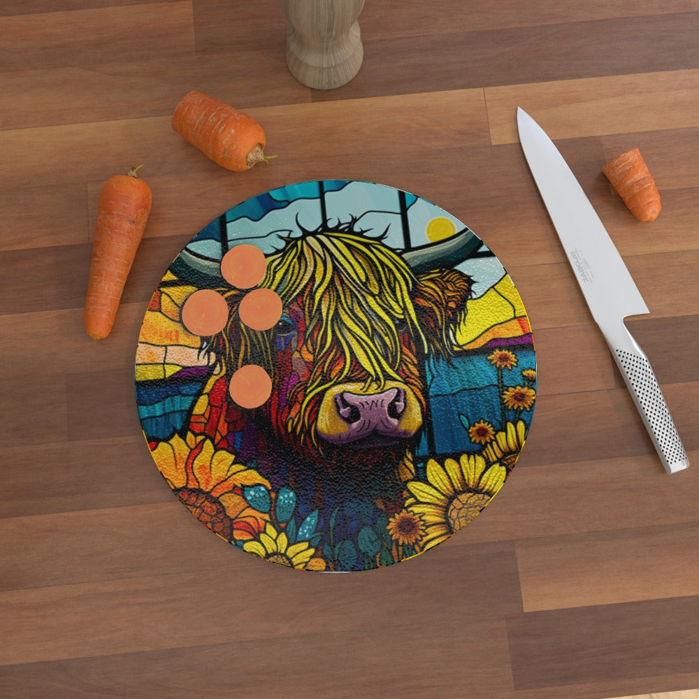 Highland Cow With Sunflowers (Stained Window Effect) - Glass Chopping Board