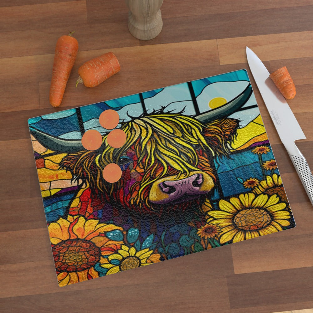 Highland Cow With Sunflowers (Stained Window Effect) - Glass Chopping Board