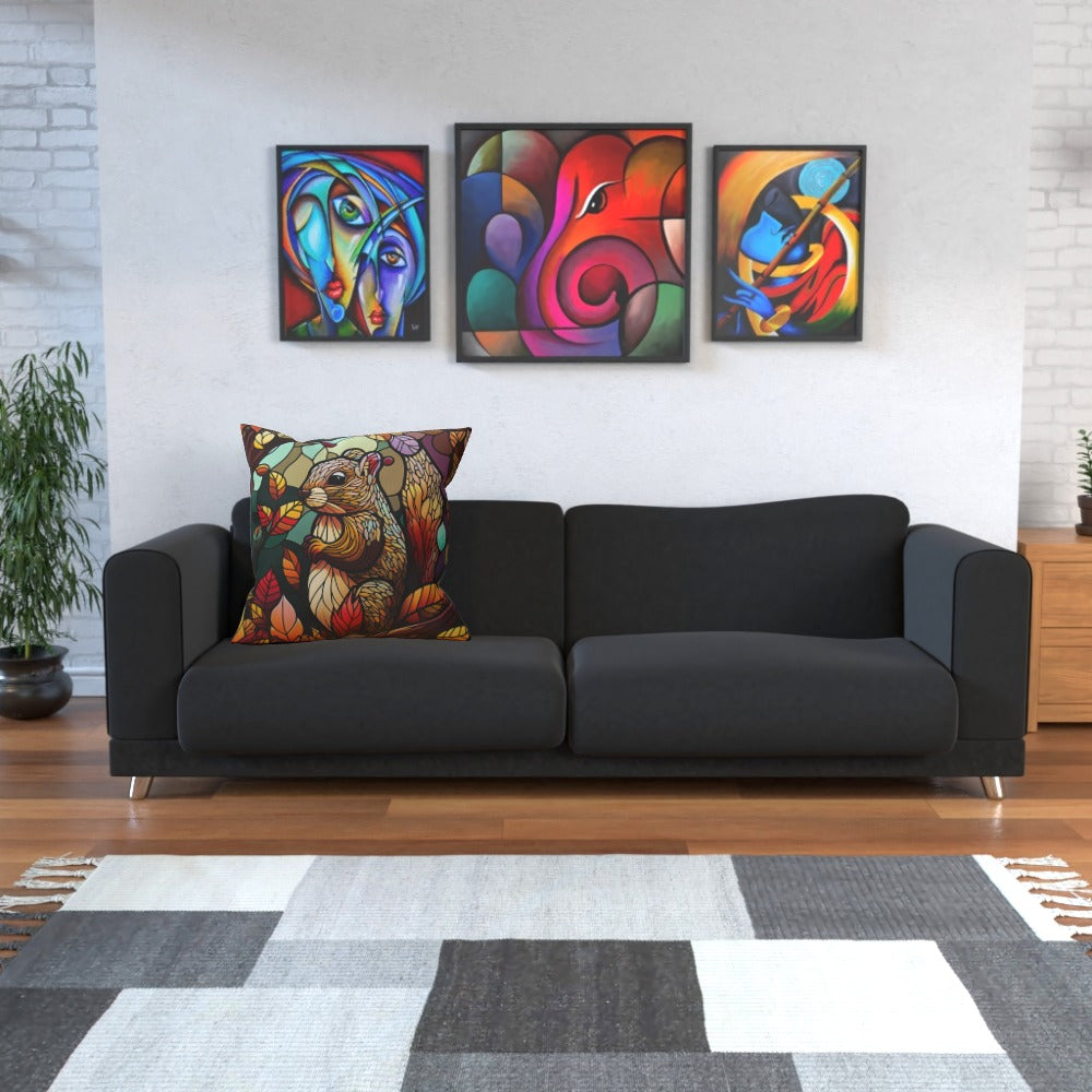 Squirrel in Autumn Stained Window Effect - Cushion, Double-Sided