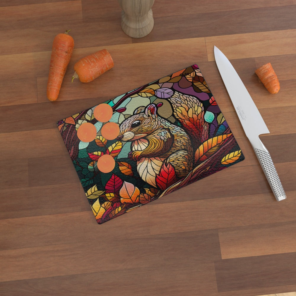 Squirrel in Autumn Stained Window Effect - Glass Chopping Board