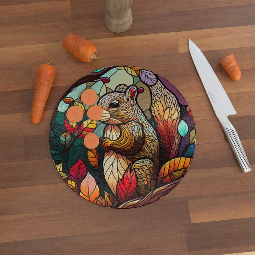 Squirrel in Autumn Stained Window Effect - Glass Chopping Board