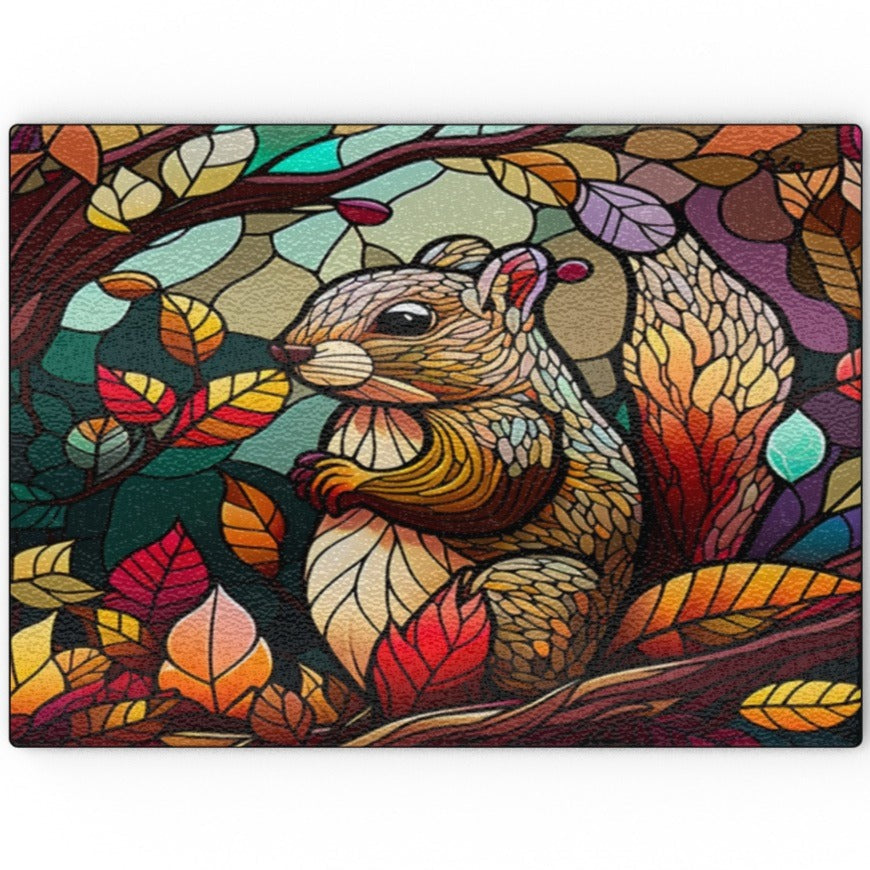 Squirrel in Autumn Stained Window Effect - Glass Chopping Board