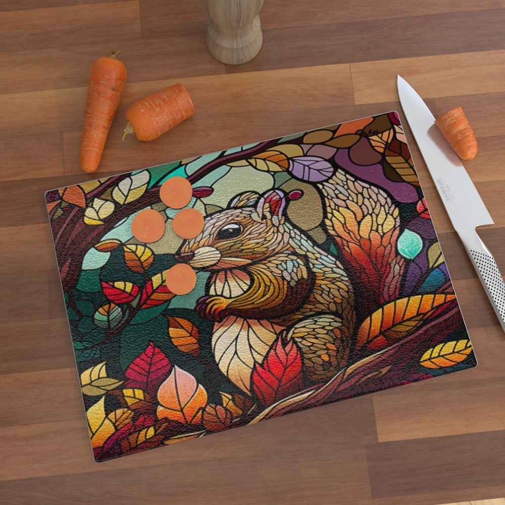 Squirrel in Autumn Stained Window Effect - Glass Chopping Board