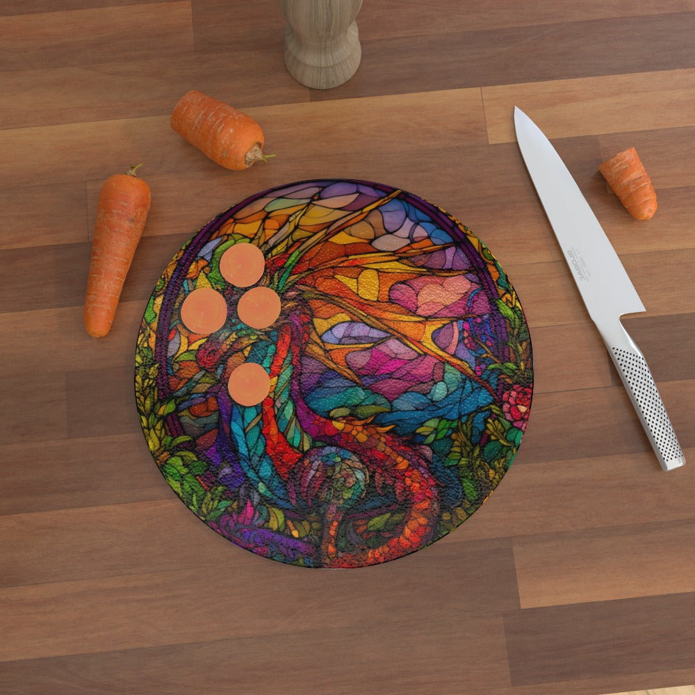 Magical Wishing Dragon (Stained Window Effect) - Glass Chopping Board