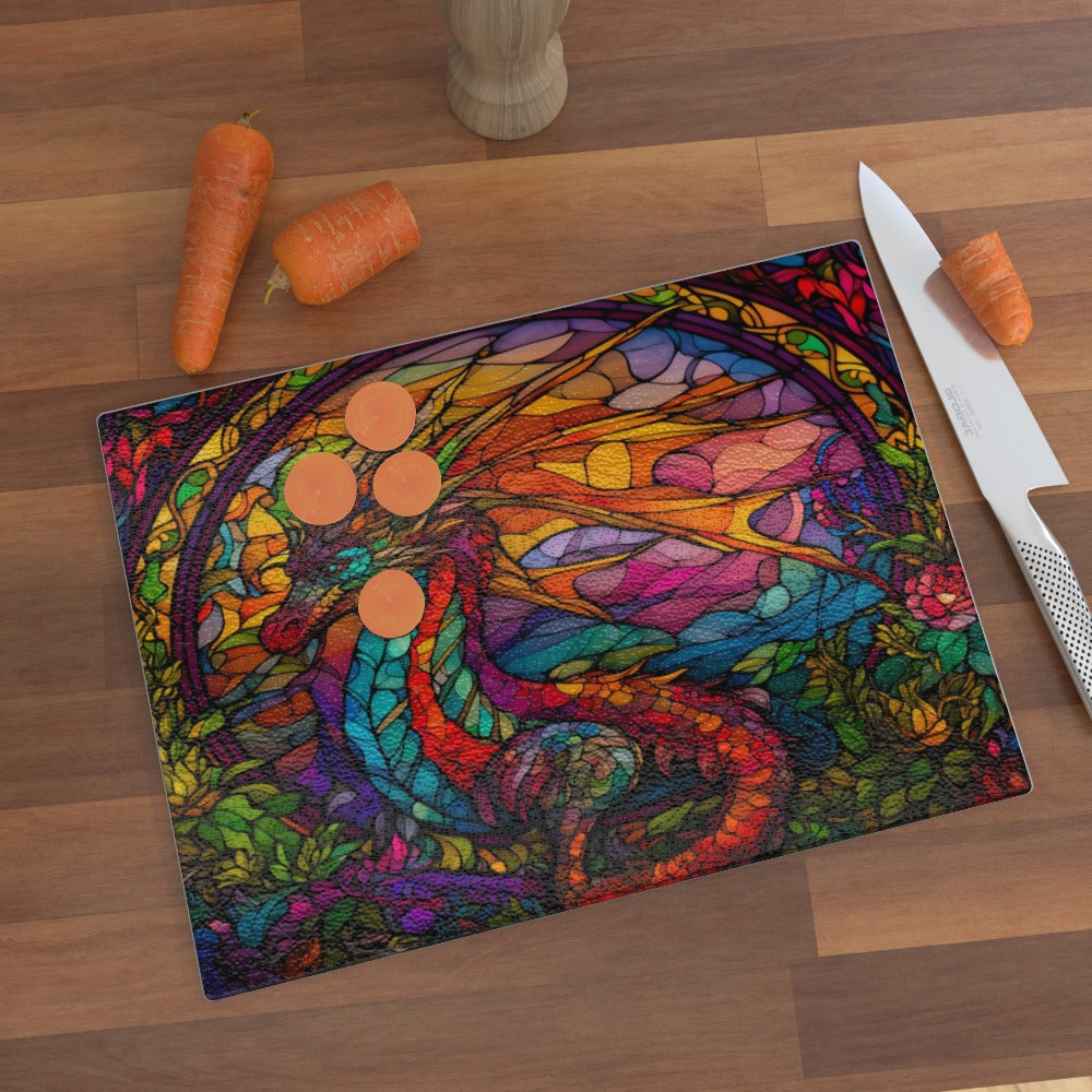 Magical Wishing Dragon (Stained Window Effect) - Glass Chopping Board