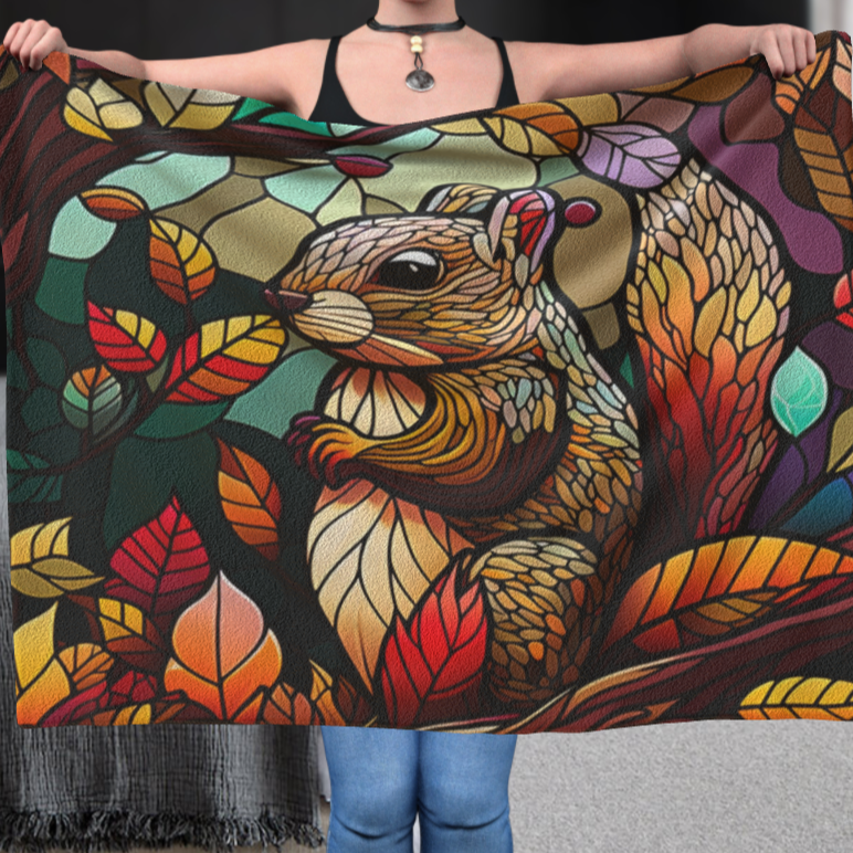 Squirrel in Autumn Stained Window Effect - Polar Fleece Blanket
