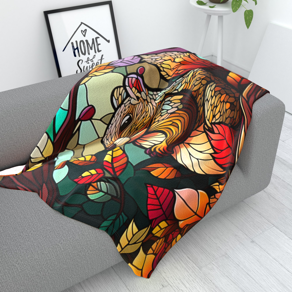 Squirrel in Autumn Stained Window Effect - Polar Fleece Blanket