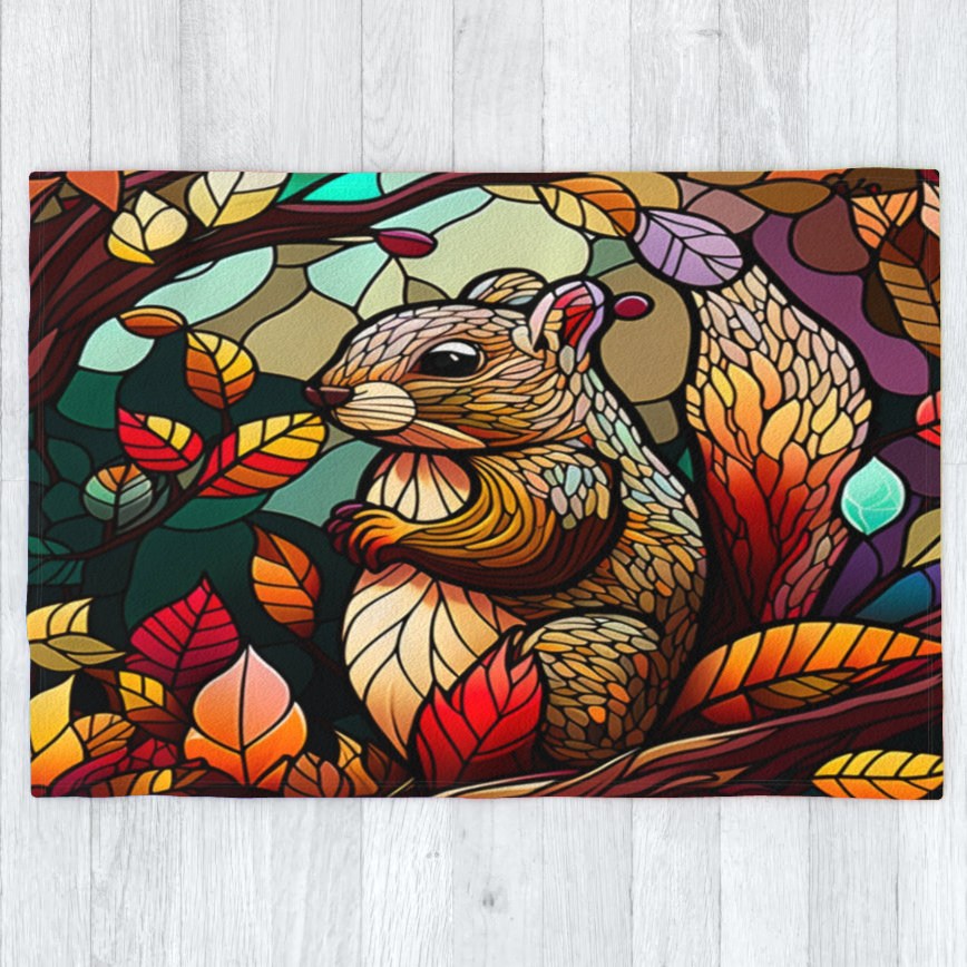 Squirrel in Autumn Stained Window Effect - Polar Fleece Blanket