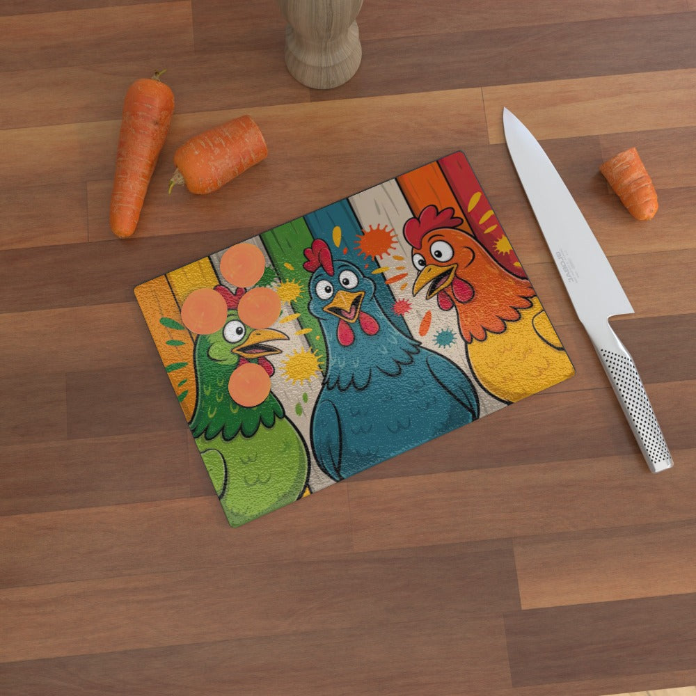 Happy Chatty Chickens - Glass Chopping Board