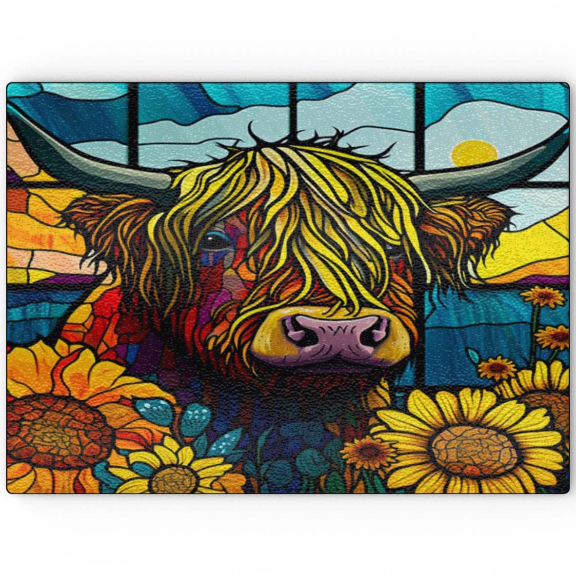 Highland Cow With Sunflowers (Stained Window Effect) - Glass Chopping Board
