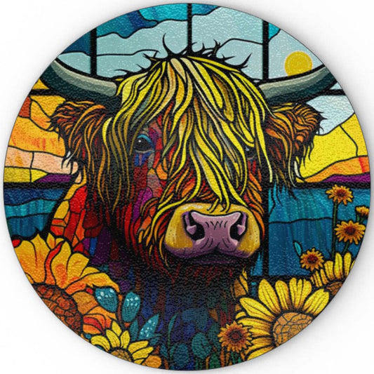 Highland Cow With Sunflowers (Stained Window Effect) - Glass Chopping Board