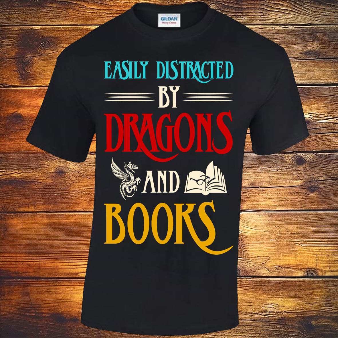 Easily Distracted By Dragons And Books - Black T-shirt
