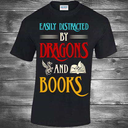 Easily Distracted By Dragons And Books - Black T-shirt