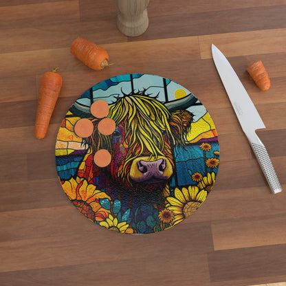Highland Cow With Sunflowers (Stained Window Effect) - Glass Chopping Board