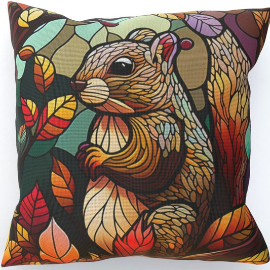 Squirrel in Autumn Stained Window Effect - Cushion, Double-Sided