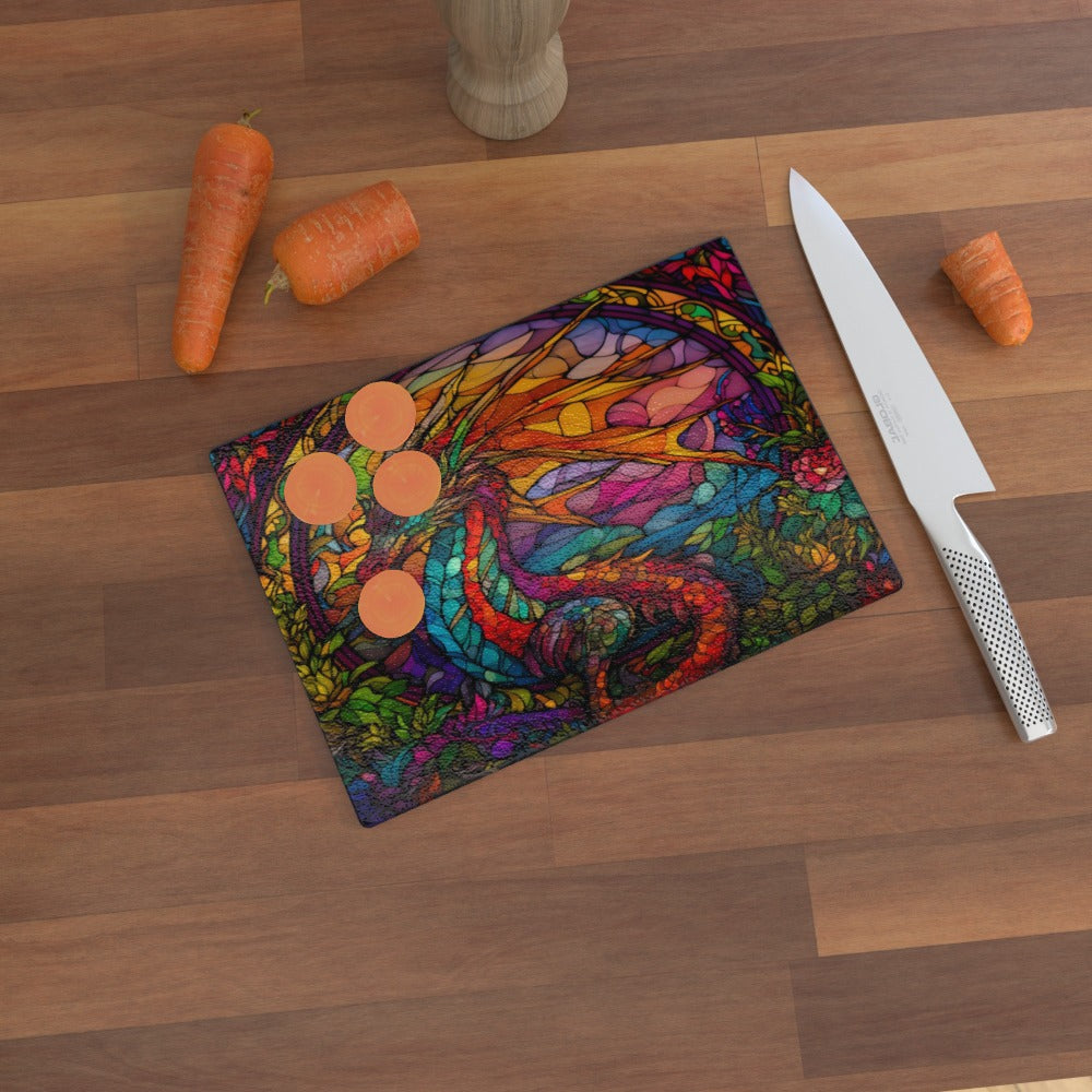 Magical Wishing Dragon (Stained Window Effect) - Glass Chopping Board